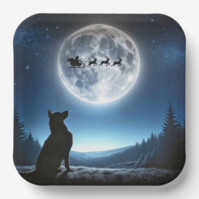 German Shepherd Watching Santa Claus and Reindeer Paper Plates (Front)