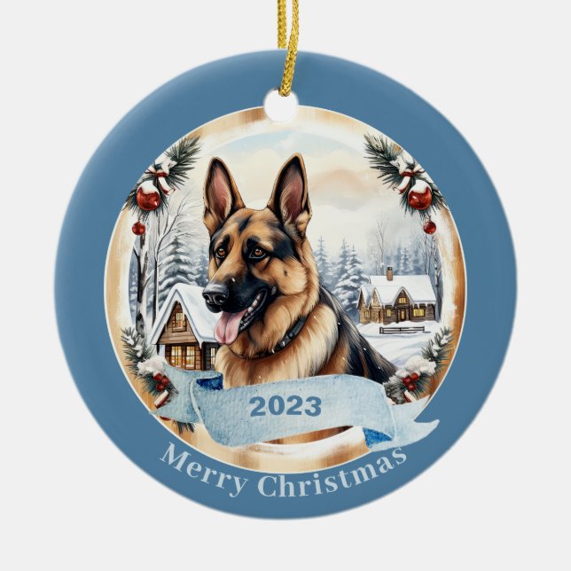 German Shepherd watercolor dog art Ceramic Ornament (Front)