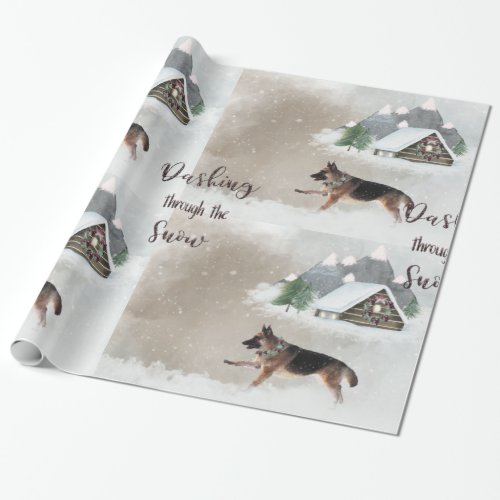 German Shepherd Watercolor Happy Holiday Scene Wrapping Paper