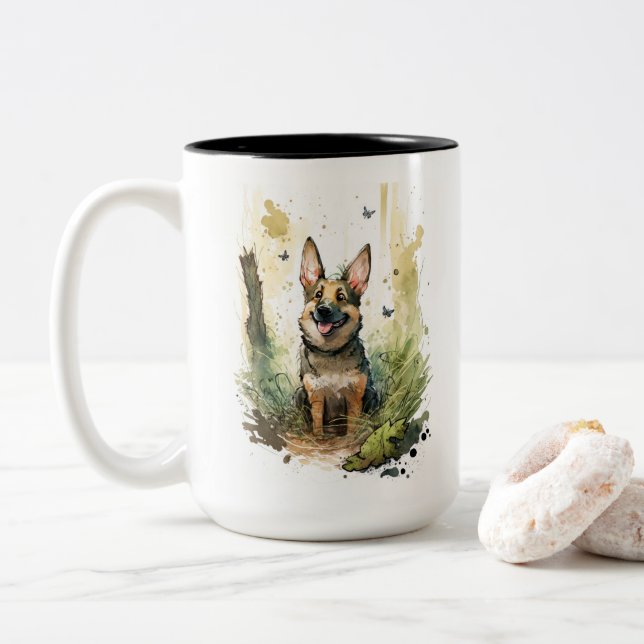 German Shepherd Watercolor Whimsical  Two-Tone Coffee Mug (With Donut)