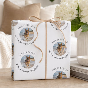 German Shepherd white photo Life is Better Wrapping Paper Sheets