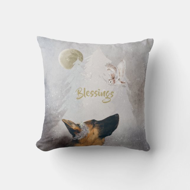 German Shepherd Winter Watercolor Holiday Gold  Throw Pillow (Front)