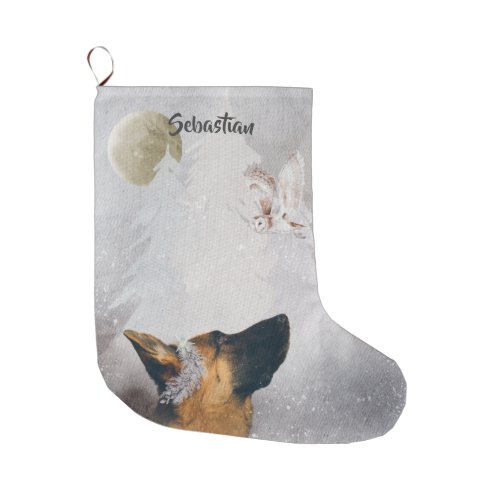 German Shepherd Winter Watercolor Holiday  Large Christmas Stocking