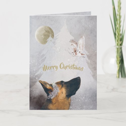 German Shepherd Winter Watercolor Landscape Whimsy Holiday Card