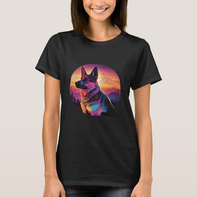 German Shepherd with a Nostalgic 80s Retrowave Aes T-Shirt (Front)