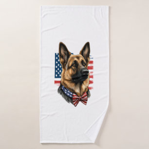 German Shepherd with American Flag Bath Towel