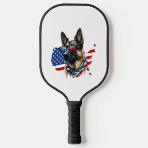 German Shepherd with American Flag I Love a Dog Pickleball Paddle