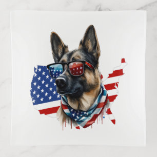German Shepherd with American Flag I Love a Dog Trinket Tray