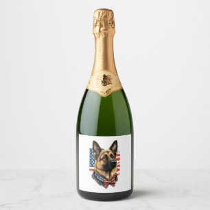 German Shepherd with American Flag  Sparkling Wine Label