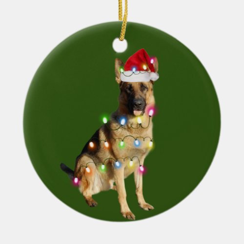 German Shepherd With Christmas Scafts Santa Ceramic Ornament