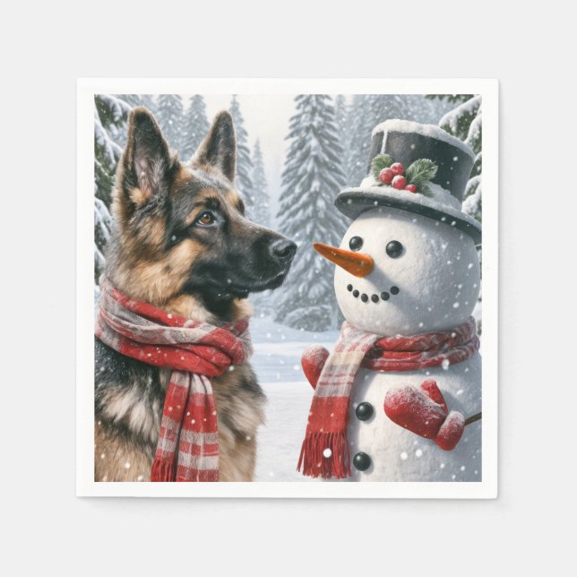 German Shepherd With Christmas Snowman Napkins (Front)