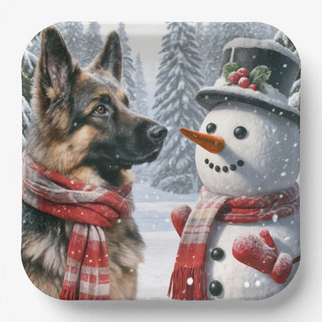 German Shepherd With Christmas Snowman Paper Plates (Front)