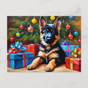 German Shepherd with Christmas Tree and Presents Holiday Postcard