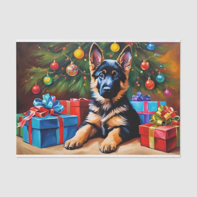 German Shepherd with Christmas Tree and Presents  Tissue Paper (Front)