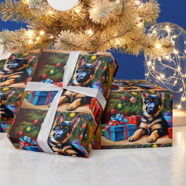 German Shepherd with Christmas Tree and Presents  Wrapping Paper (Holidays)