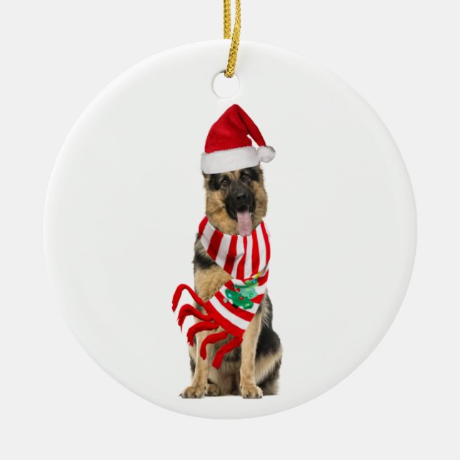 German Shepherd With Hat Scaft Christmas Ceramic Ornament (Front)
