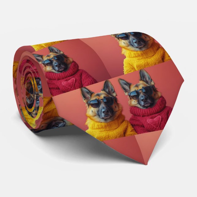 German Shepherd With Heart Roses Valentine's Day Neck Tie (Rolled)