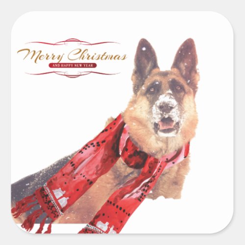 German Shepherd with Holiday Scarf Square Sticker