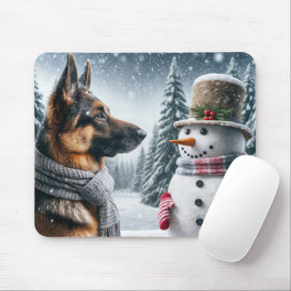 German Shepherd With Holiday Snowman Mouse Pad