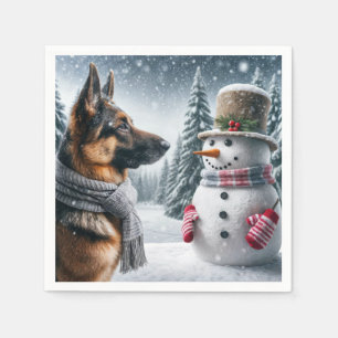 German Shepherd With Holiday Snowman Napkins