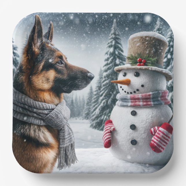 German Shepherd With Holiday Snowman Paper Plates (Front)