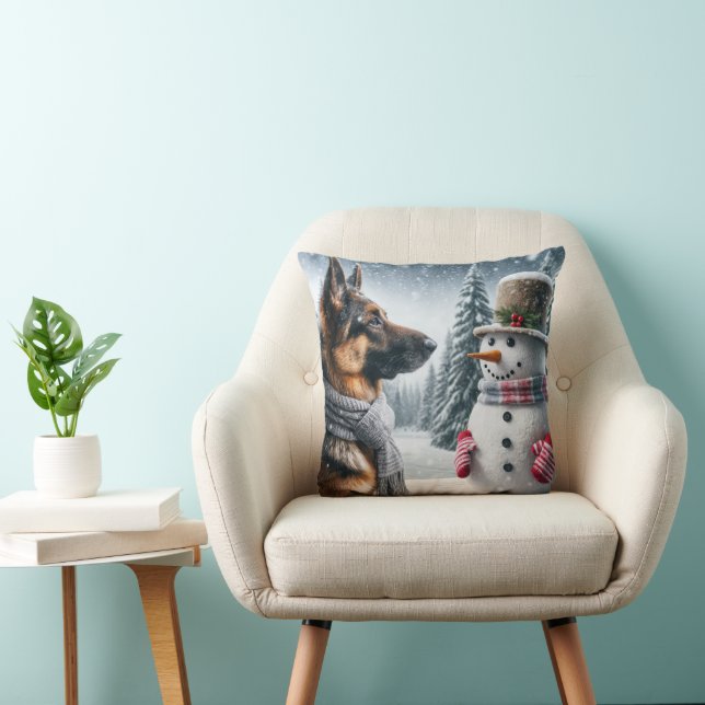 German Shepherd With Holiday Snowman Throw Pillow (Chair)