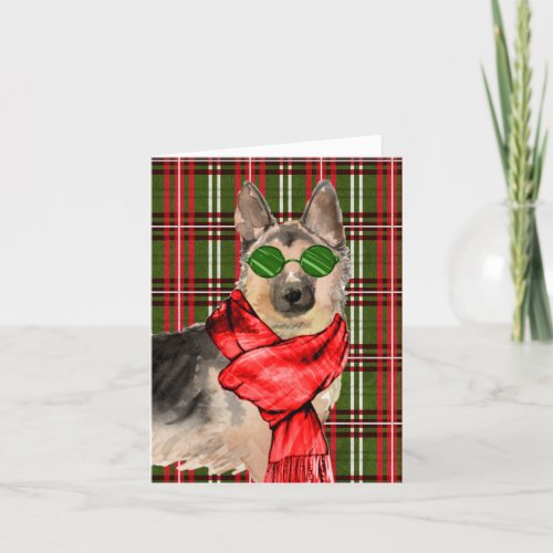 German Shepherd with Red and Green Plaid Christmas Holiday Card