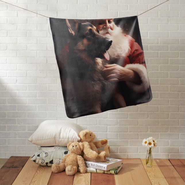 German Shepherd With Santa Claus Festive Christmas Baby Blanket (In Situ)