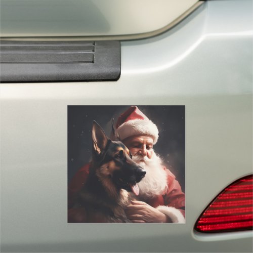 German Shepherd With Santa Claus Festive Christmas Car Magnet
