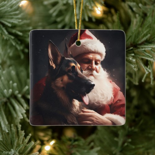German Shepherd With Santa Claus Festive Christmas Ceramic Ornament