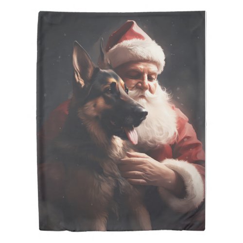 German Shepherd With Santa Claus Festive Christmas Duvet Cover