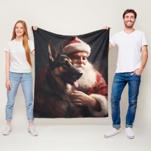 German Shepherd With Santa Claus Festive Christmas Fleece Blanket