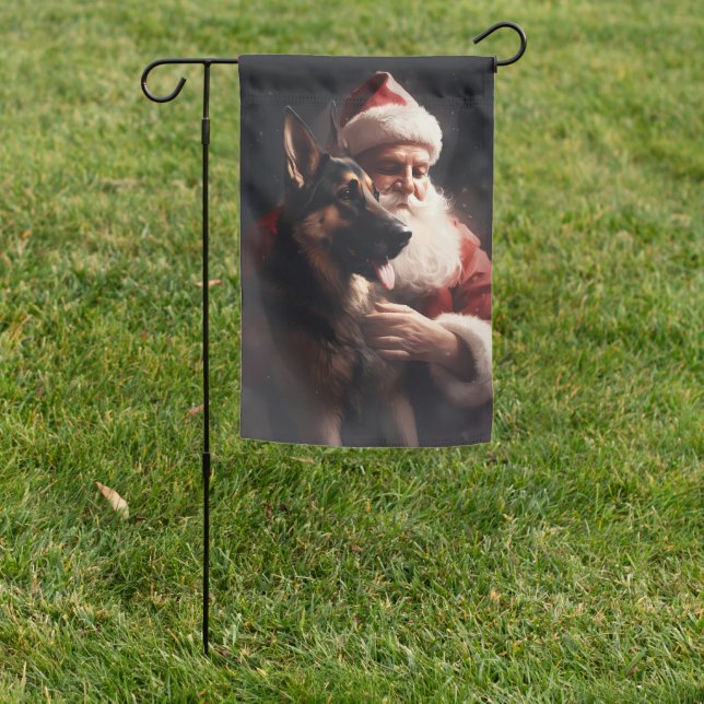 German Shepherd With Santa Claus Festive Christmas Garden Flag (In SItu)