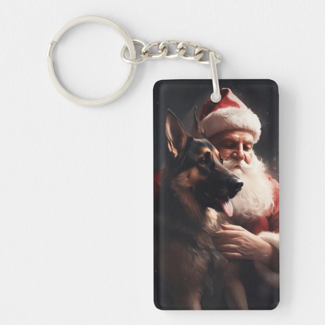 German Shepherd With Santa Claus Festive Christmas Keychain (Front)