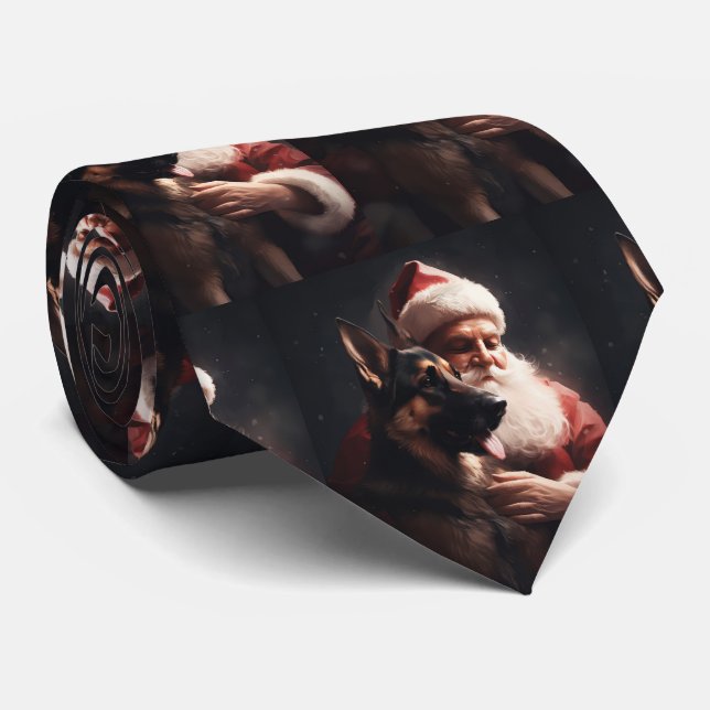 German Shepherd With Santa Claus Festive Christmas Neck Tie (Rolled)