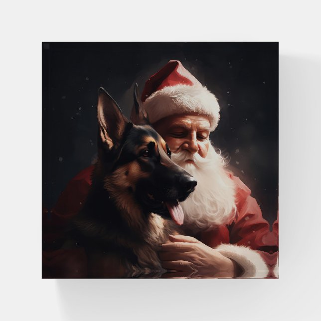German Shepherd With Santa Claus Festive Christmas Paperweight (Front)