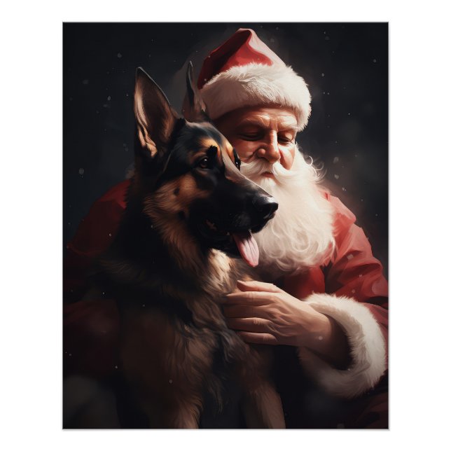German Shepherd With Santa Claus Festive Christmas Poster (Front)