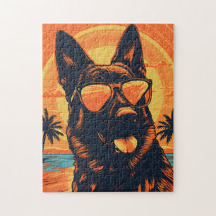 German Shepherd with sunglasses at a beach Jigsaw Puzzle