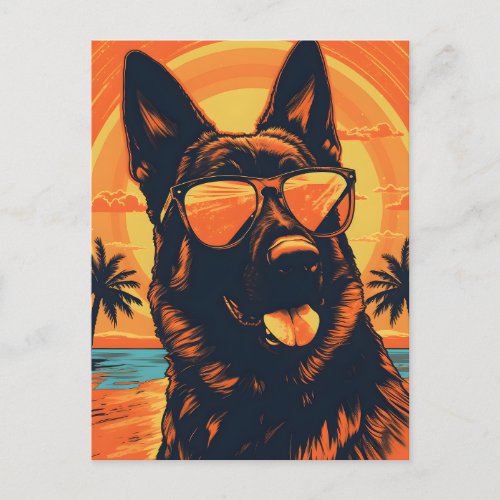German Shepherd with sunglasses at a beach Postcard