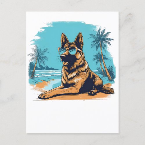 German_shepherd with sunglasses at the beach postcard