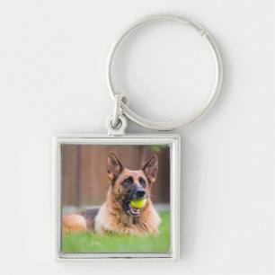 German Shepherd With Tennis Ball Keychain