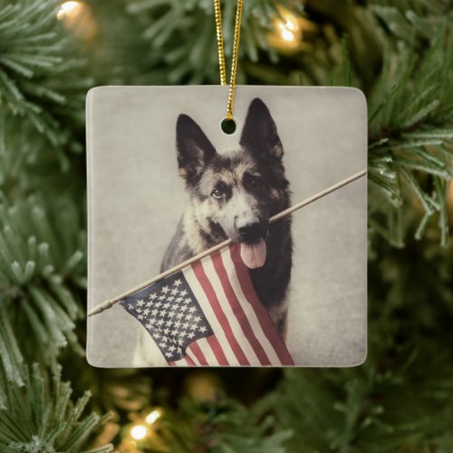 German Shepherd With US Flag Ceramic Ornament