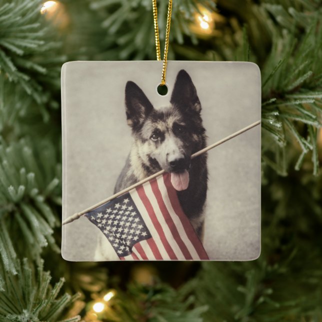 German Shepherd With US Flag Ceramic Ornament (Tree)