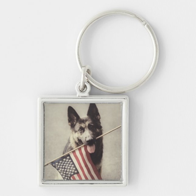 German Shepherd With US Flag Keychain (Front)