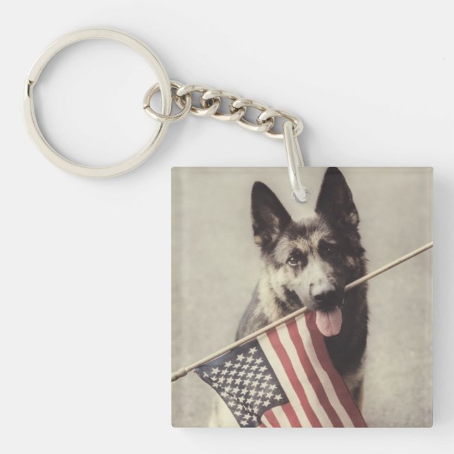 German Shepherd With US Flag Keychain (Front)