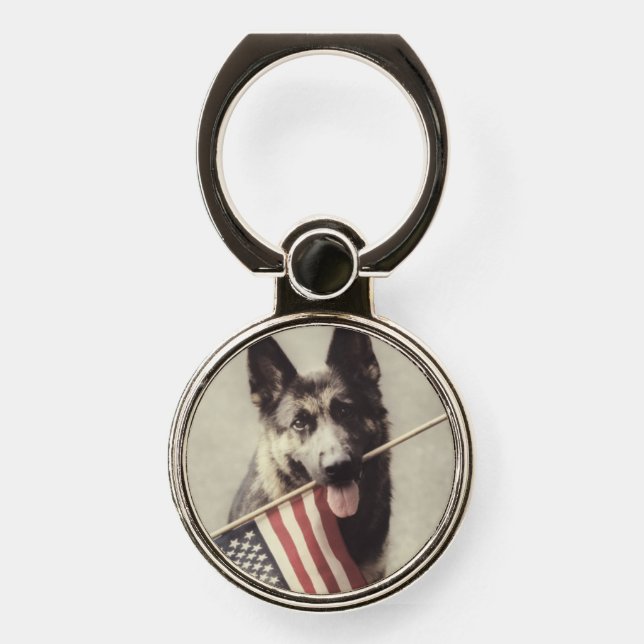 German Shepherd With US Flag Phone Ring Stand (Front)