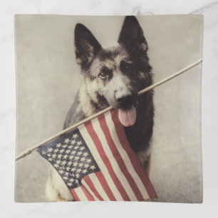 German Shepherd With US Flag Trinket Tray