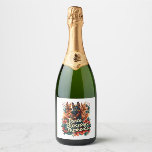 German Shepherds Amid Blossoming Gardens Sparkling Wine Label