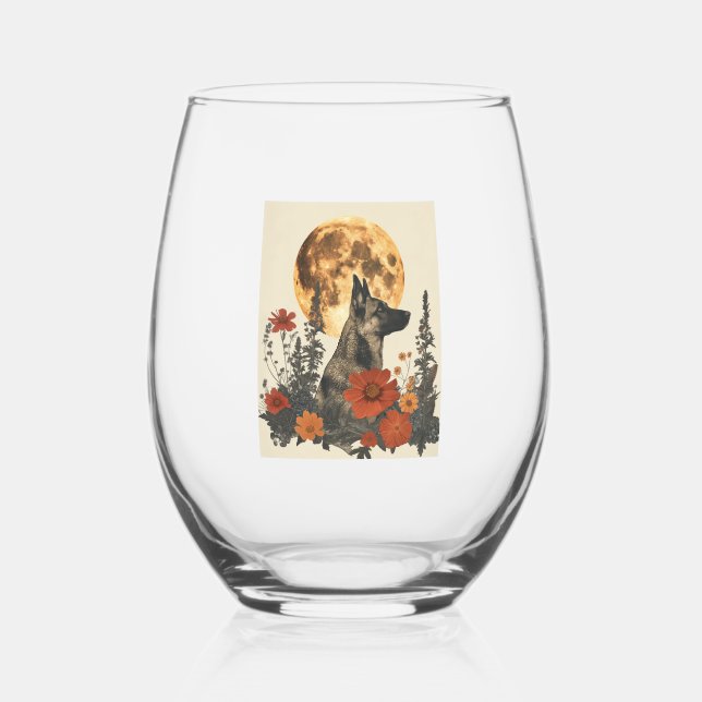 German Shepherds Amidst Blossoming Moons Stemless Wine Glass (Front)