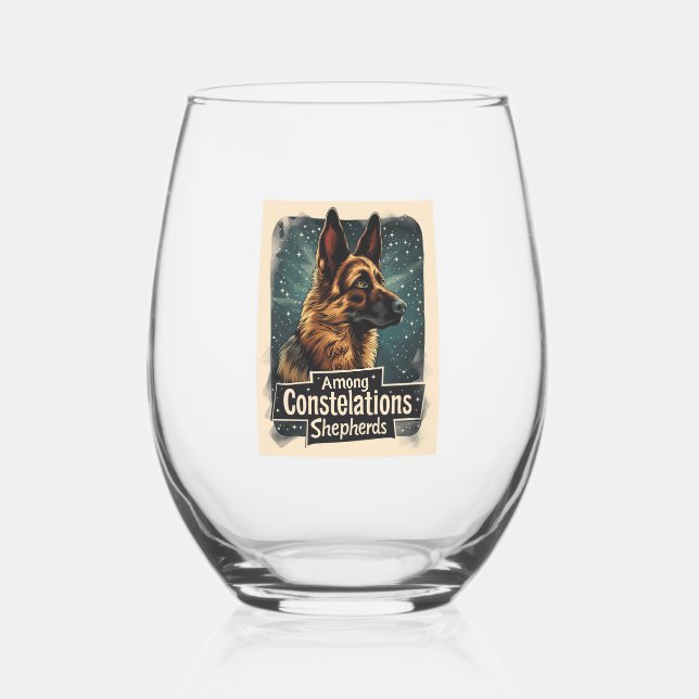 German Shepherds Amongst Constellations Stemless Wine Glass (Front)
